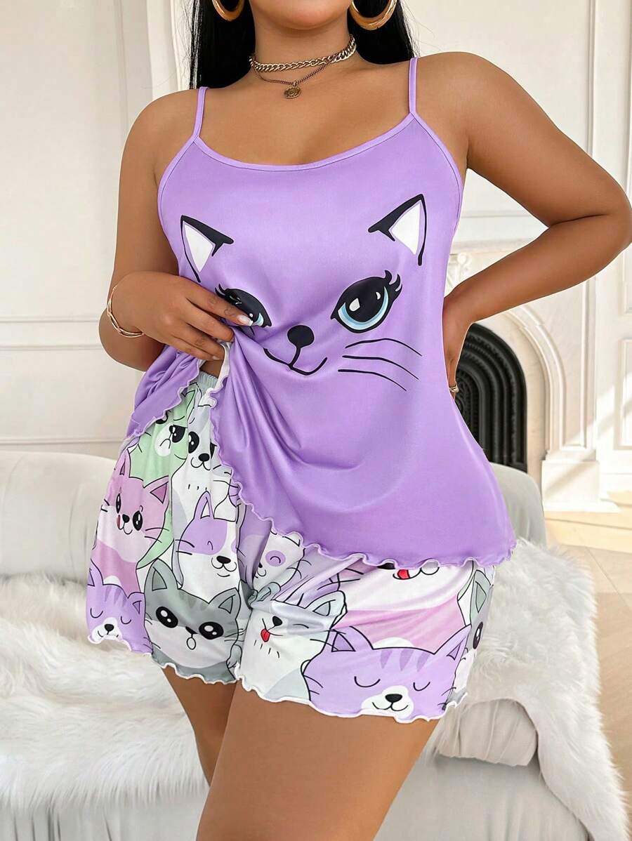 Conjunto de pijama de camiseta de tirantes y pantalones cortos con estampado de gato de talla grande