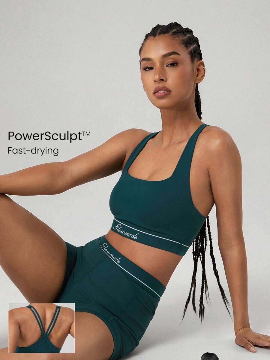 GLOWMODE Powersculpt™ schweißableitende Sporttop mit kühlendem Griff, hoher Stretch, Kontraststreifen, Cross-Design, Multi-Riemen, High-Impact für Training, Laufen, abnehmbare Cups