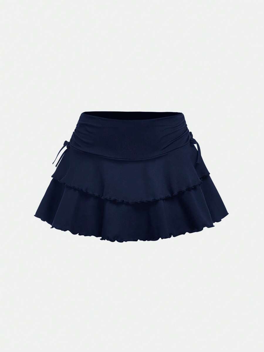 SHEIN Girlism Teen Girl Drawstring Waist Pleated Cake Mini Skirt With Safety Shorts, Casual