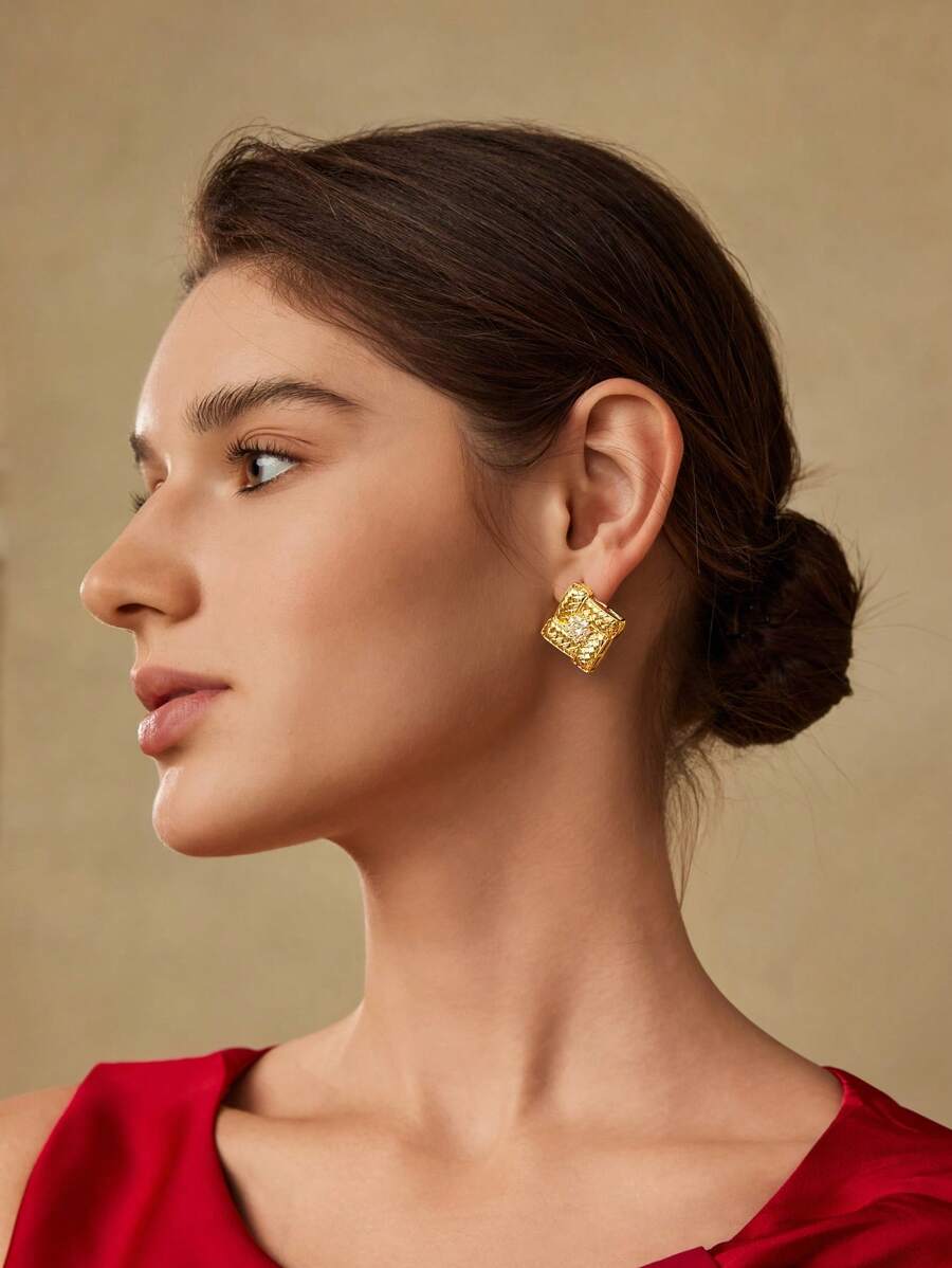 MOTF PREMIUM Pendientes de botón elegantes con zirconia en estilo geométrico vintage chapados en oro de 18 quilates