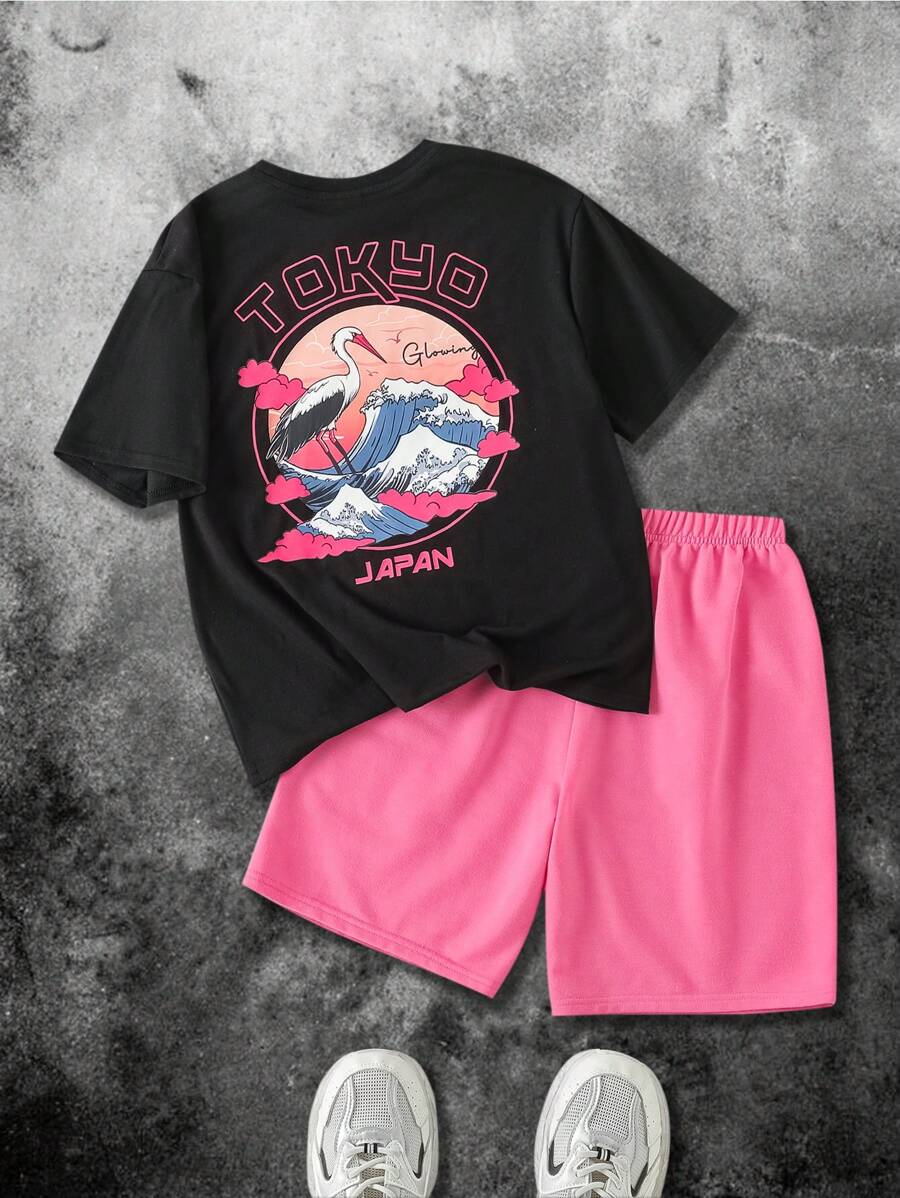 SHEIN Conjunto de 2 piezas para niño preadolescente con camiseta de manga corta de cuello redondo con estampado de ola marina y pantalones cortos elásticos en la cintura color rosa, estilo universitario casual y cómodo, adecuado para primavera y verano, uso diario, juegos al aire libre, escuela, fotografía callejera, fiesta y tiempo libre