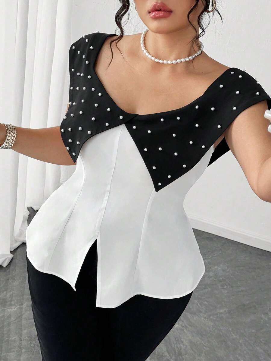 SHEIN Clasi Camicia estiva elegante da donna con bolle di perle, taglie forti
