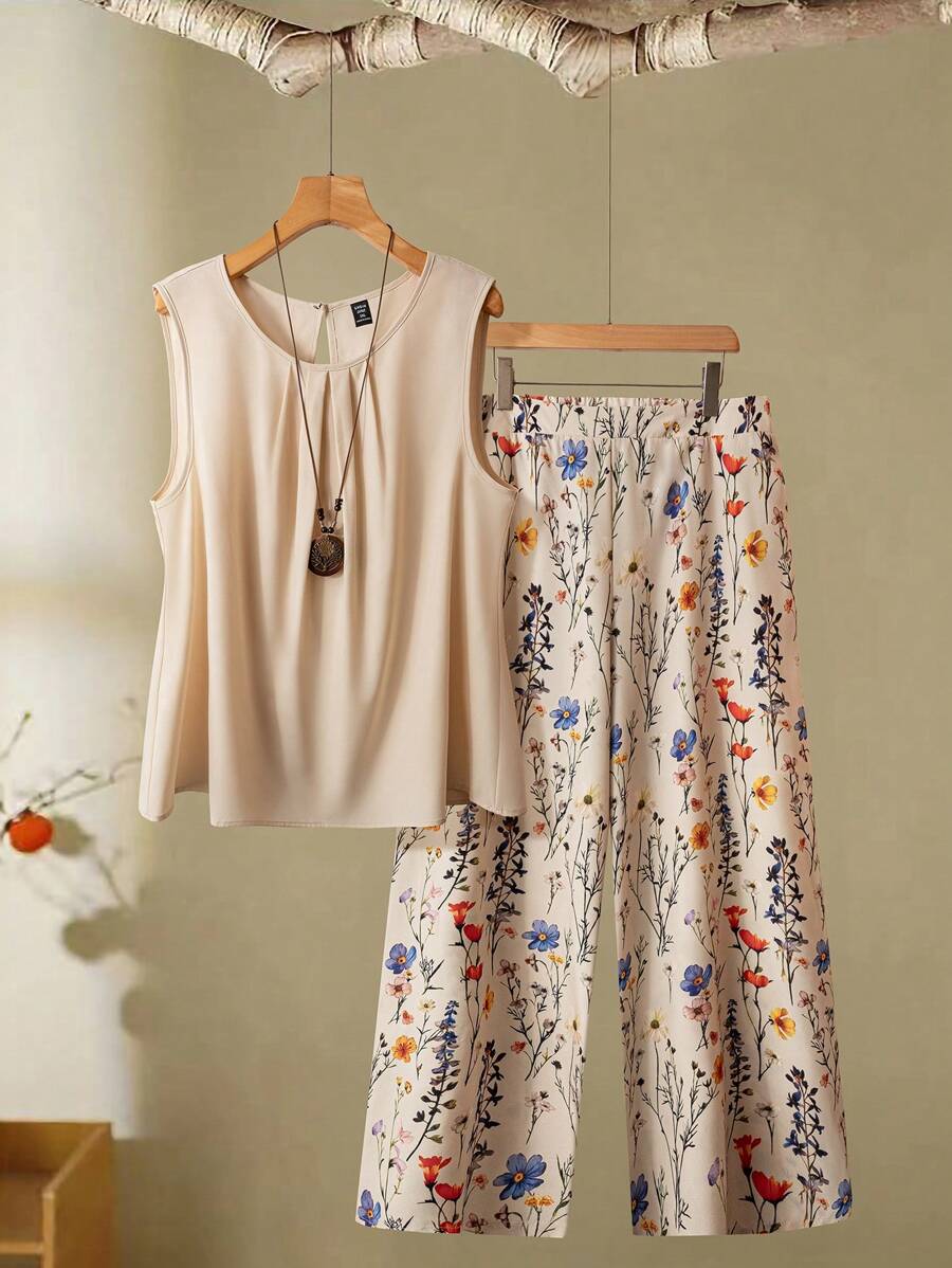 Linhara Outfit casuale da vacanza, taglia grande, top in tessuto con collo rotondo, stampa floreale ditsy su sfondo tinta unita, adatto per spiaggia e tempo soleggiato, set da 2 pezzi