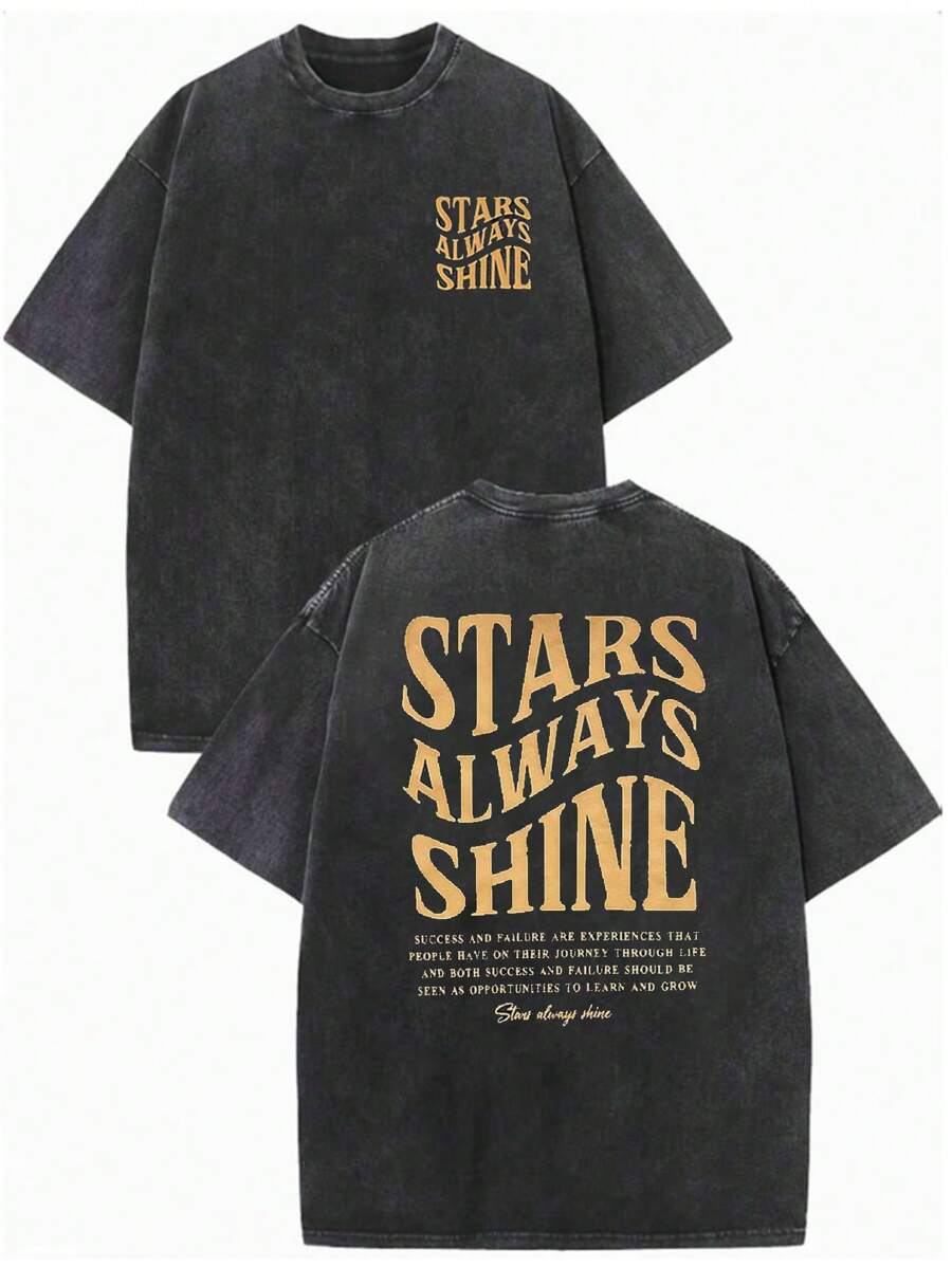 SHEIN Teen Boys' Washed Contrast Color Letter Print Short Sleeve T-Shirt, Casual College Style, Comfortable, Simple, Versatile, Soft, Suitable For Daily Wear, School, Travel, Sports