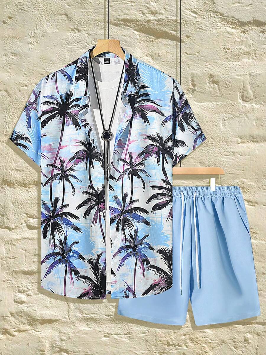 Manfinity RSRT Men's Plus Size Front Button Short Sleeve Top And Asymmetrical Digital Printed Shorts Two Pieces Set