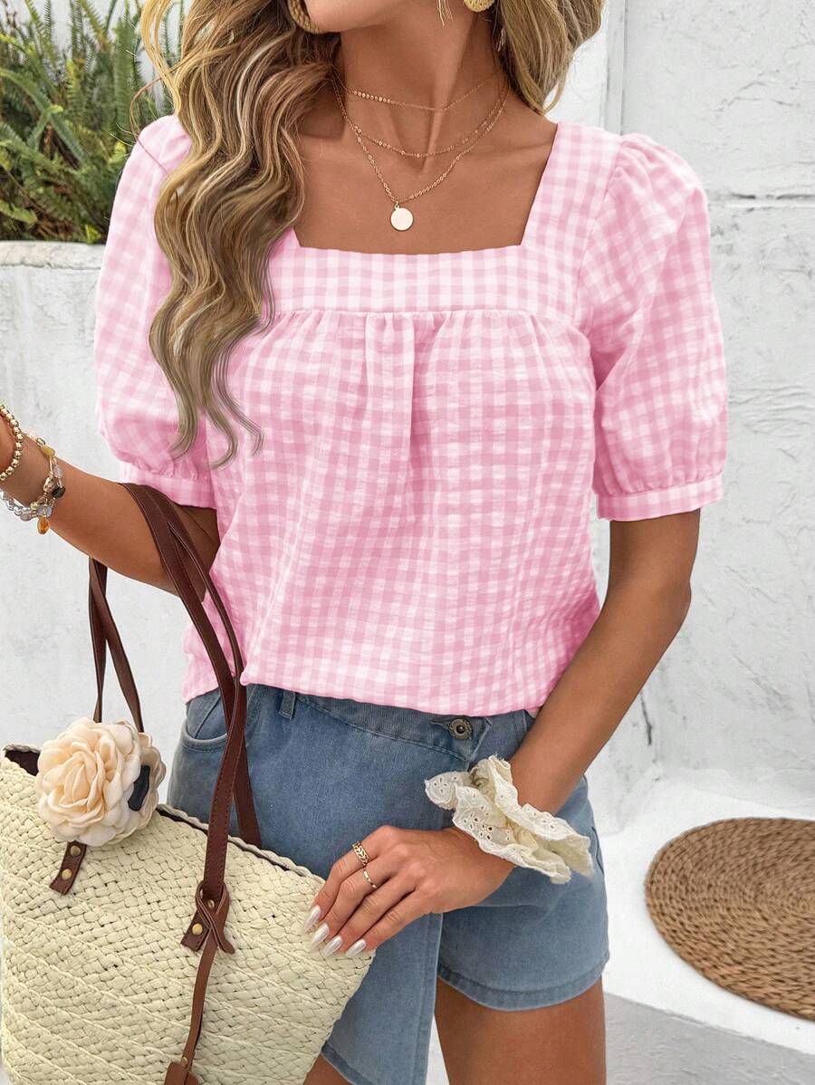 SHEIN LUNE Women's Casual Square Collar Plaid Short Sleeve Blouse, Spring/Summer