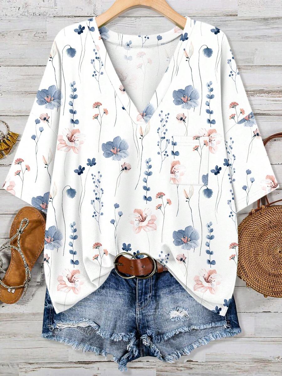 SHEIN LUNE maglietta oversize da donna con scollo a V e stampa floreale ad acquerello, adatta per la primavera/estate