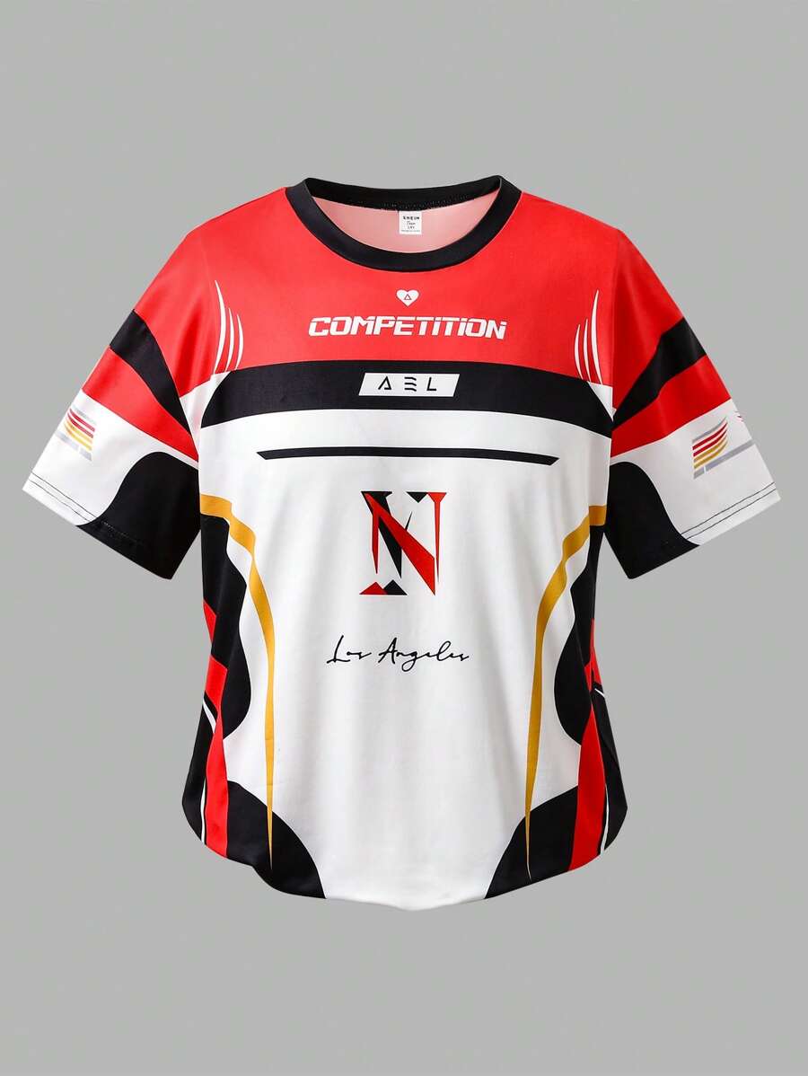 Camiseta deportiva informal de cuello redondo de manga corta con estampado numérico y de letras para adolescentes, top corto de verano