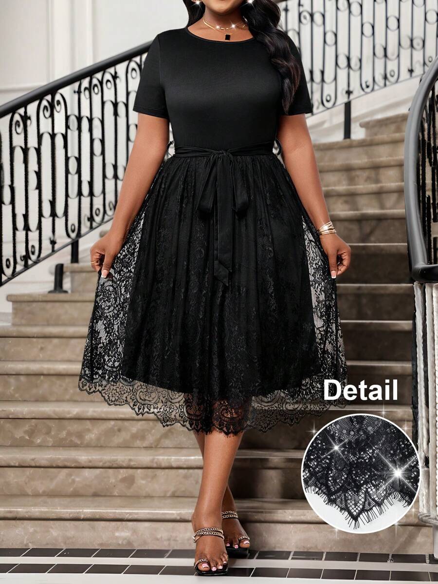 SHEIN Lady Vestidos de talla grande elegantes para primavera y verano con escote redondo, mangas con volantes y encaje negro, diseños para el Día de San Valentín, vestidos de fiesta elegantes de Año Nuevo y vacaciones, vestidos formales para el Día de San Valentín para mujeres