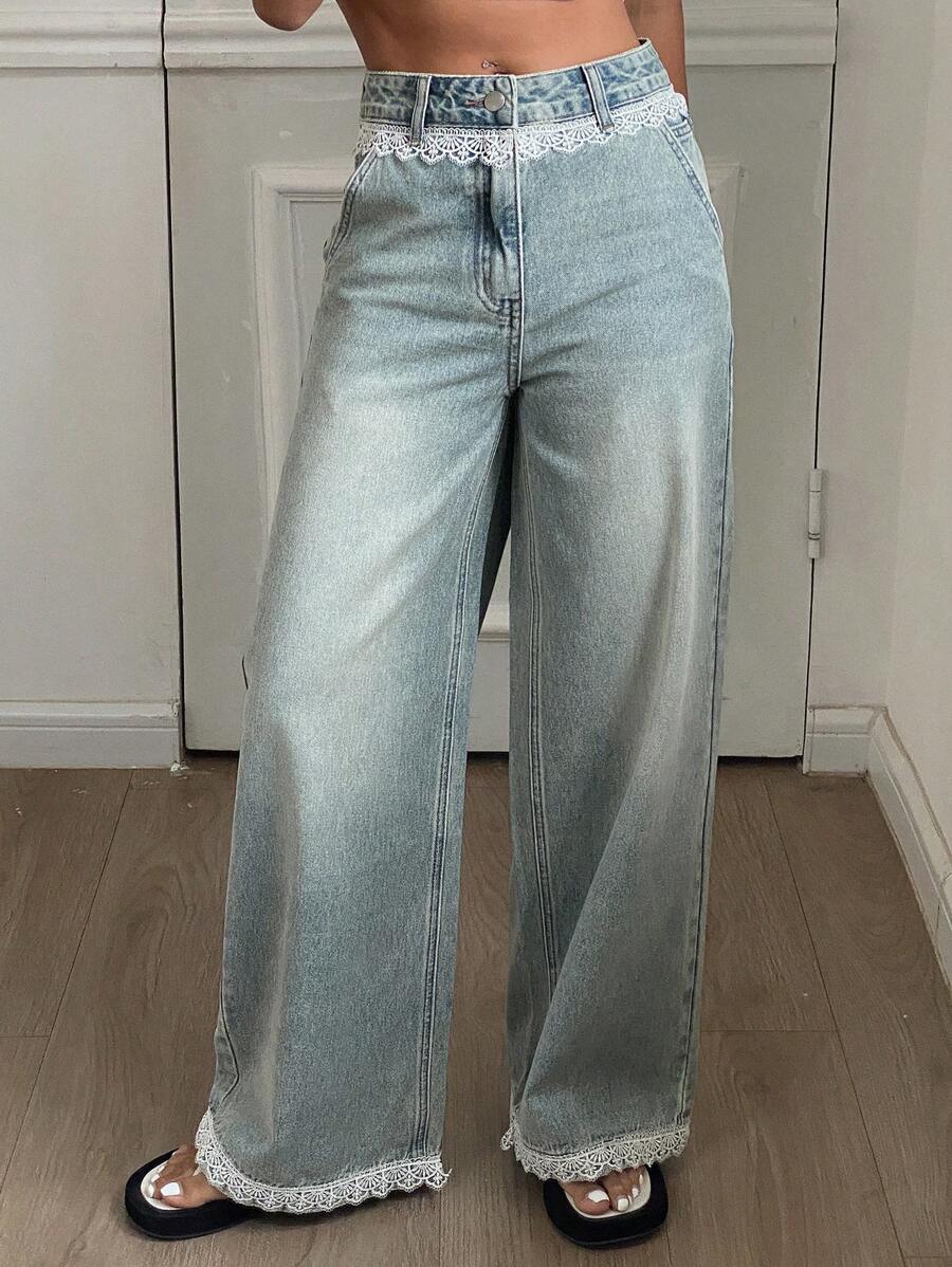 Livesso Jeans casual a gamba dritta in stile patchwork di pizzo per donne