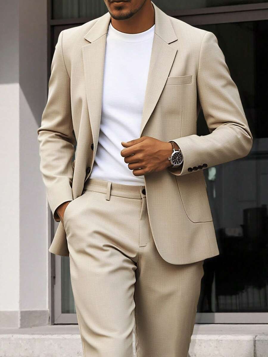 Manfinity Mode Plus Size Men Business Suit Set - Long Sleeve Blazer And Pocket Formal Trousers