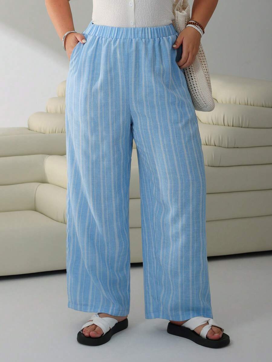 SHEIN EZwear Pantaloni a gamba ampia a righe blu e bianche in taglie grandi, adatti per la primavera/estate