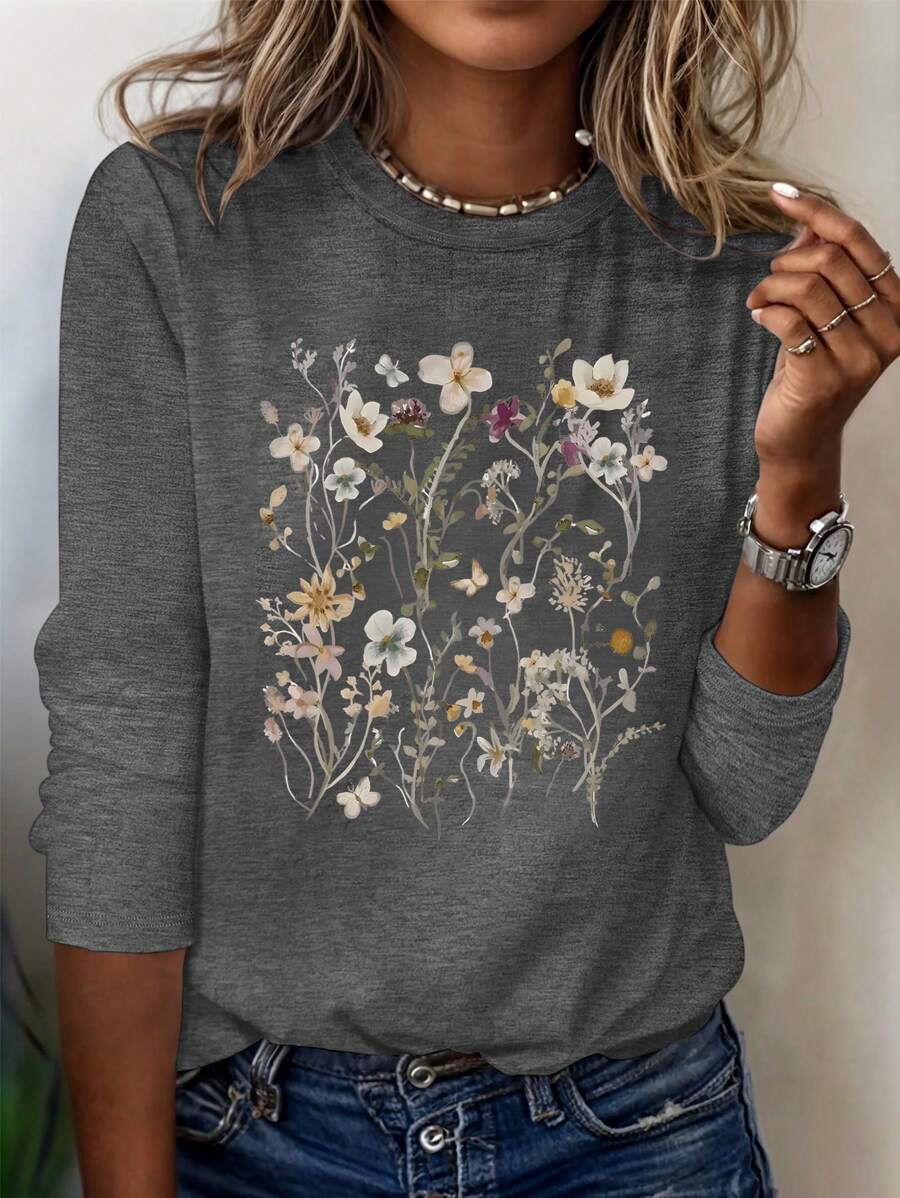 INAWLY Women Casual Flower Print Round Neck T-Shirt, Suitable For Spring And Autumn