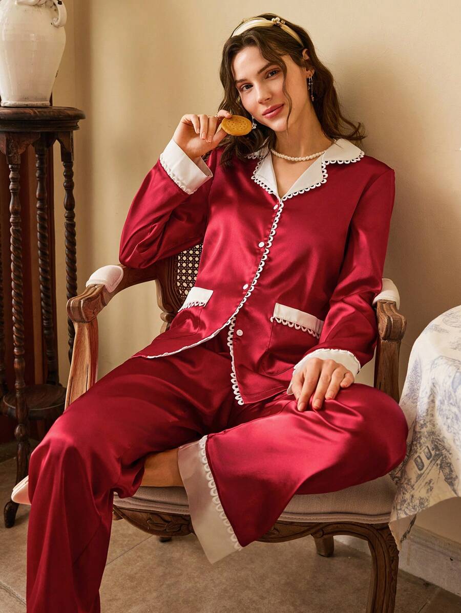 Côtesoire French Retro Elegant Color Block Lace Trim Satin Women Pajama Set
