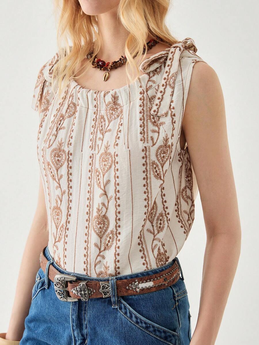 Florisole Top canotta da donna casual estiva con laccetti, modello con ricamo, ampio e comodo