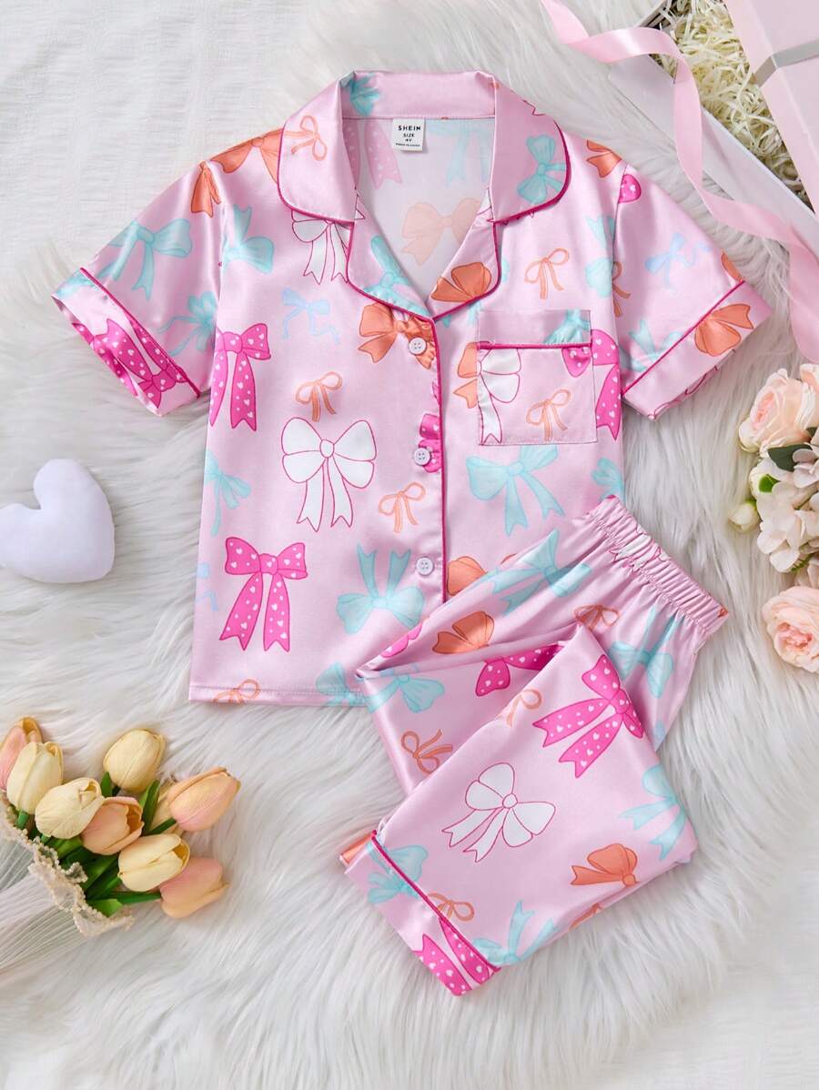 2 Pcs Young Girls Pink Poplin Bow Ribbon Print Top And Pants Set, Casual Loungewear Kids Summer Clothes Set Kids Outfit Clothes Set Girls Summer Clothes Sets Little Girl Clothes Set Kids Clothes Set Holiday Traval Releax Summer Clothes