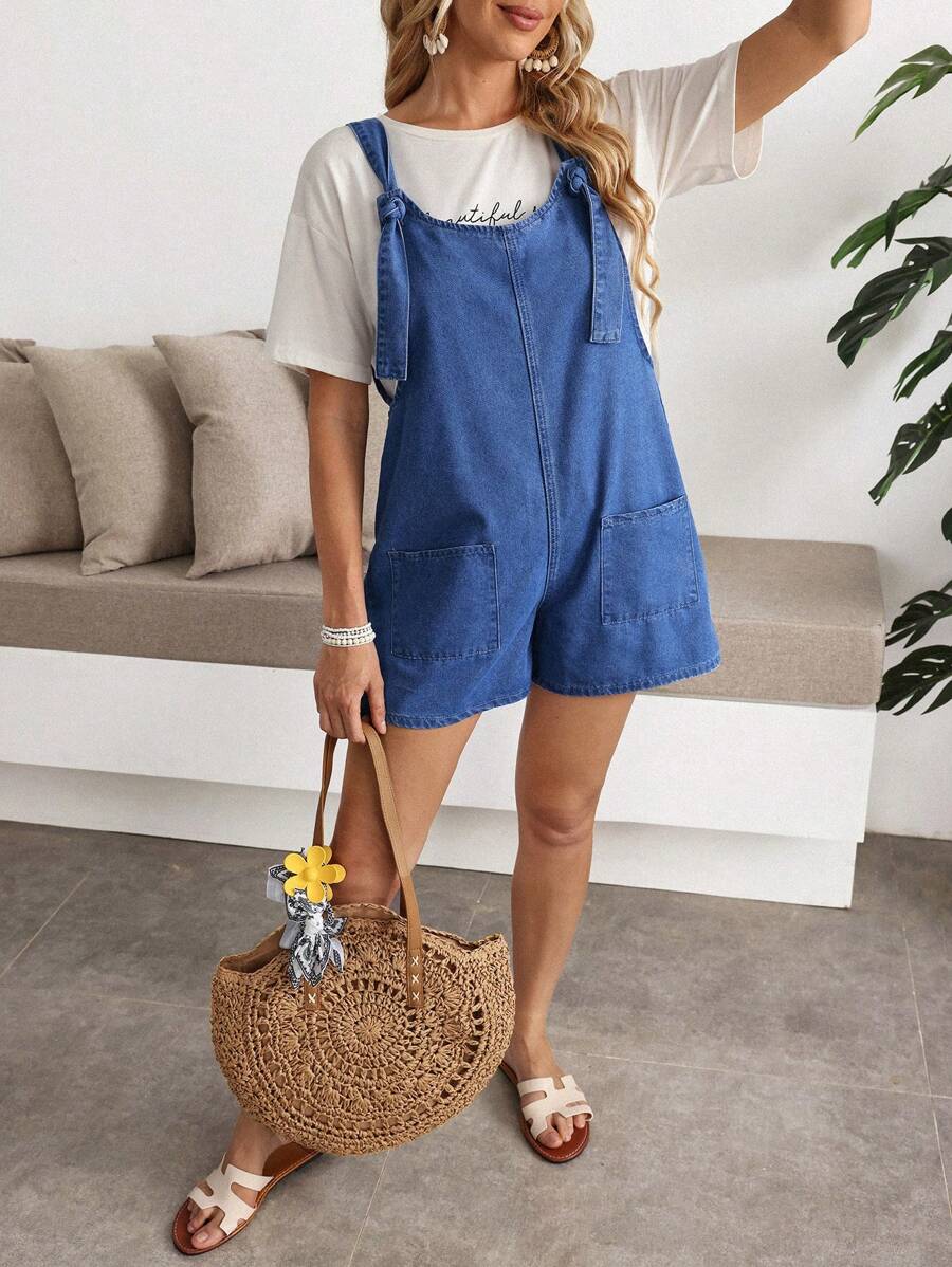 EMERY ROSE Combinaison en jean sans manches casual avec poche pour femmes, couleur unie