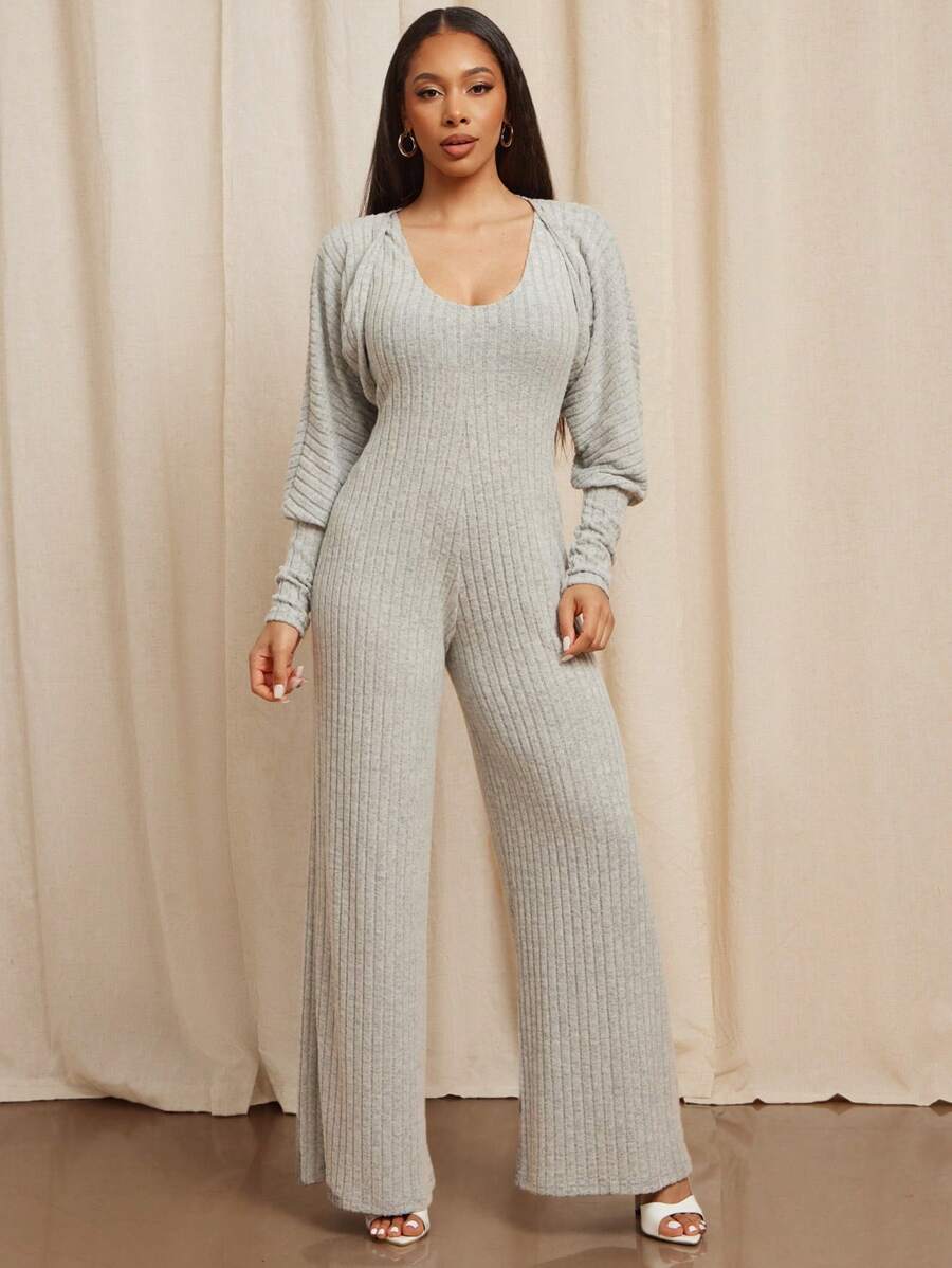 Vixey 2 Stücke Rippe Strick Weites Bein Ärmelloses Jumpsuit & Bolero Shirt Set
