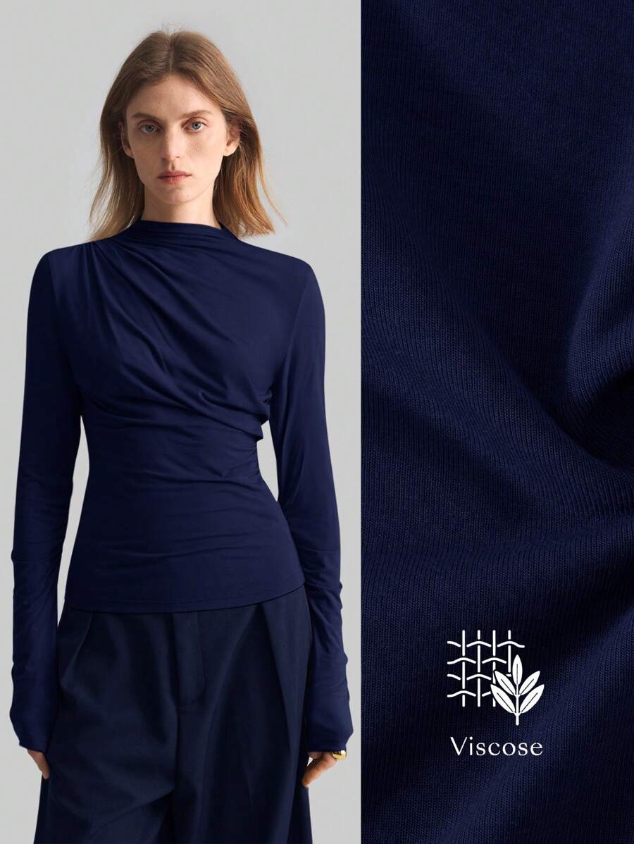 Ontre Stockholm Style, Women's Teacher Outfit, Autumn Fashion, 2025 Women's Autumn Basic High Collar Long Sleeve T-Shirt, Asymmetric Hem Ruched Top, Navy Solid Color Round Neck Long Sleeve Women's Blouse Basic Top, Women's Office Wear