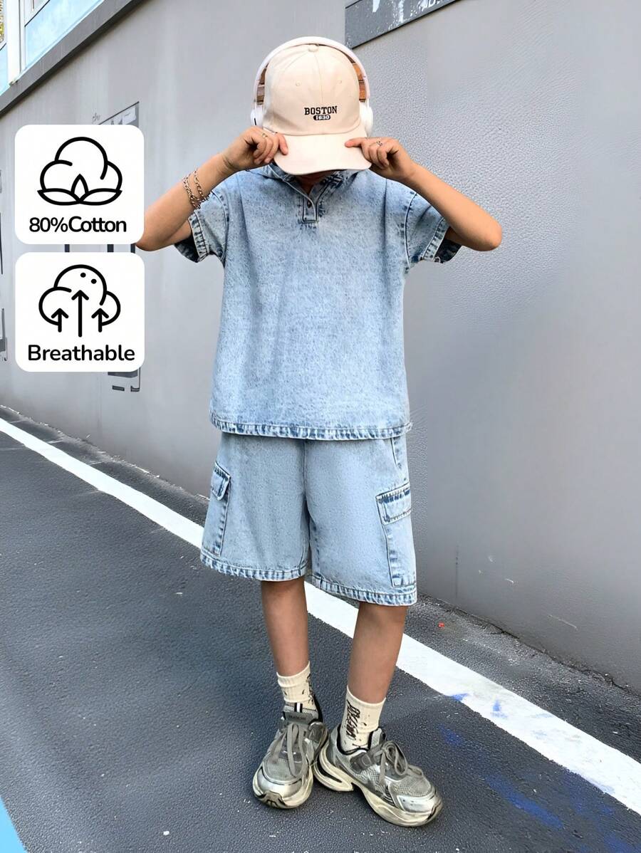 SHEIN Tween Boy 2 Stücke Set, modisch, lässig, blau, bequem, locker, schlicht, Jeans-Kapuzenpullover und lockere, bequeme 5-Cent-Jeansshorts mit weitem Bein für Jungenkostüme, Alltagskleidung und Sommer- und Frühlingskleidung für Kinder
