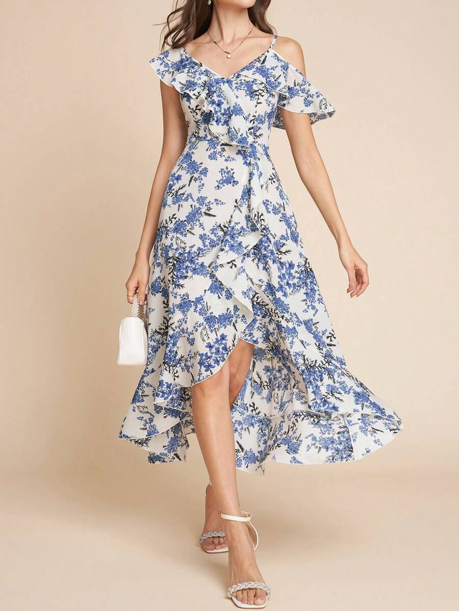 SHEIN Clasi Vestido Maxi de mujer para vacaciones con estampado floral de volantes y bajo con volantes