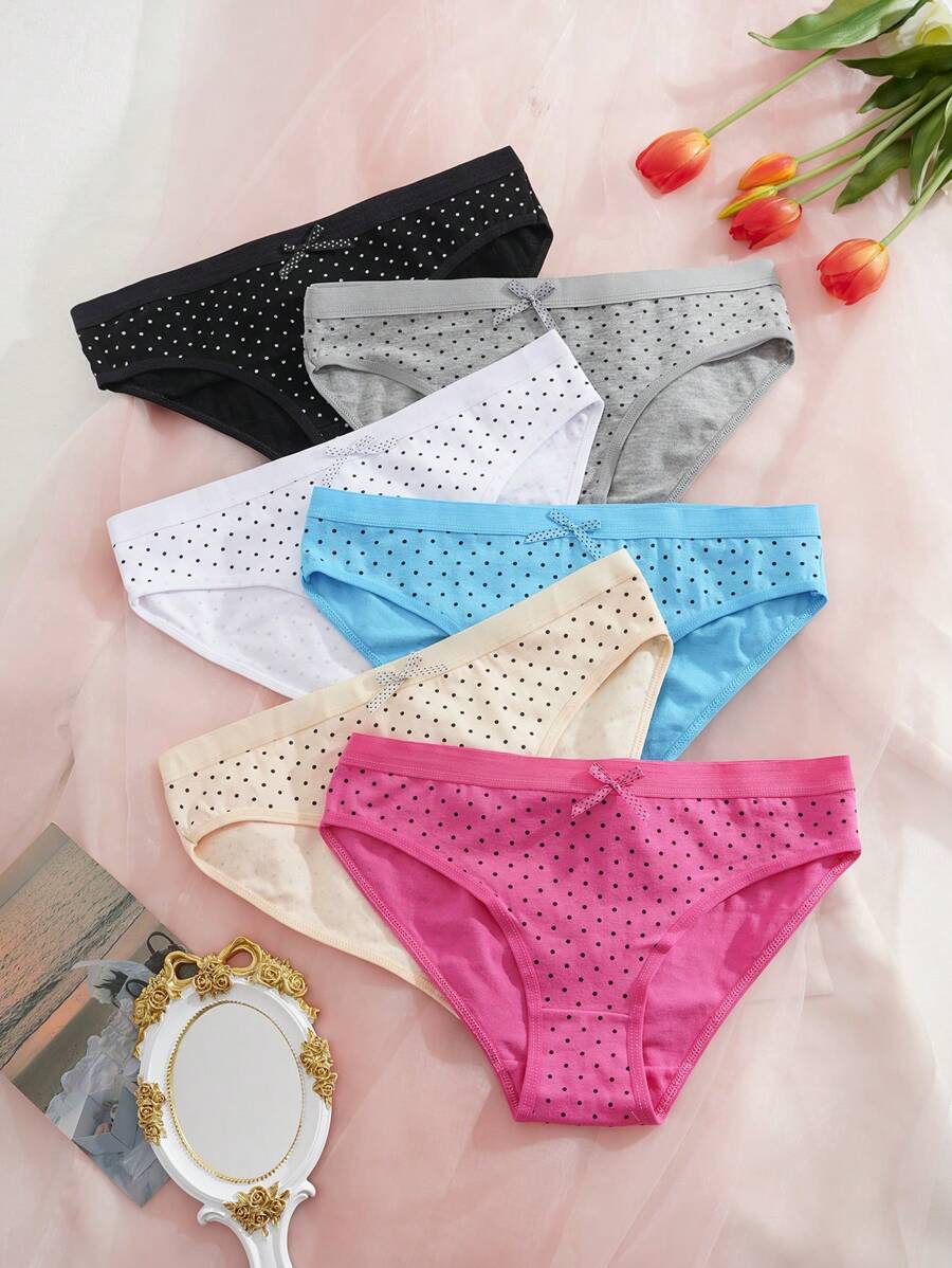 SHEIN Conjunto de 6 panties de mujer con estampado de lunares y decoración de moño