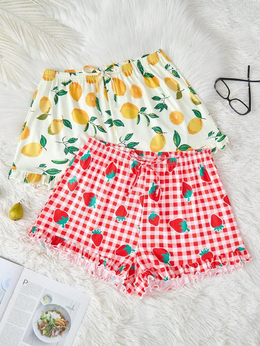 2pcs/Pack Lemon & Strawberry Plaid Print Plus Size Pajama Bottoms Sleep Shorts