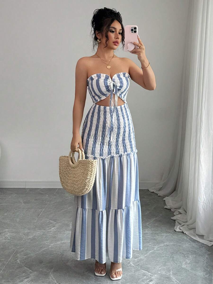 Elenzga Vestido de fiesta elegante de verano 2025 con escote cruzado de rayas, vestido deslizable con cintura anudada y sin tirantes, vestido versátil y sexy adecuado para citas, salidas, vacaciones, bodas, fiestas, carnavales, Pascua, festivales de música, festivales de cerveza