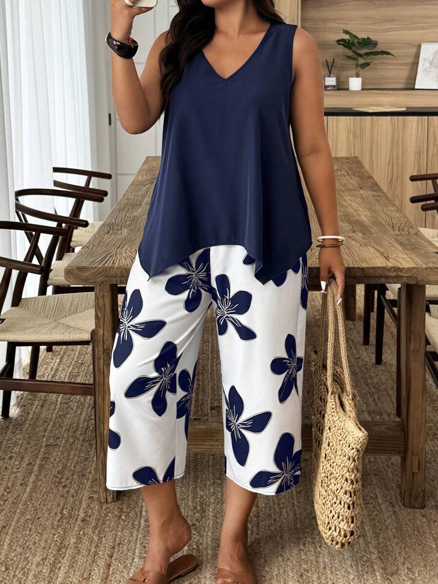 Weeklong Plus Size Two Pieces Sleeveless Casual Holiday-Style Floral Print Set