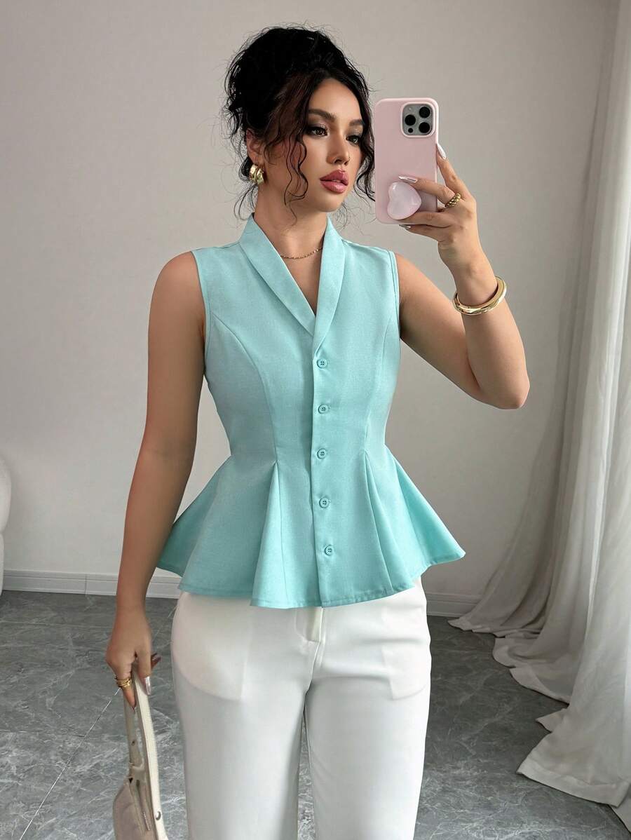 Elenzga Women's Simple Single-Breasted Ruffled Hem Suit Vest For Commuting