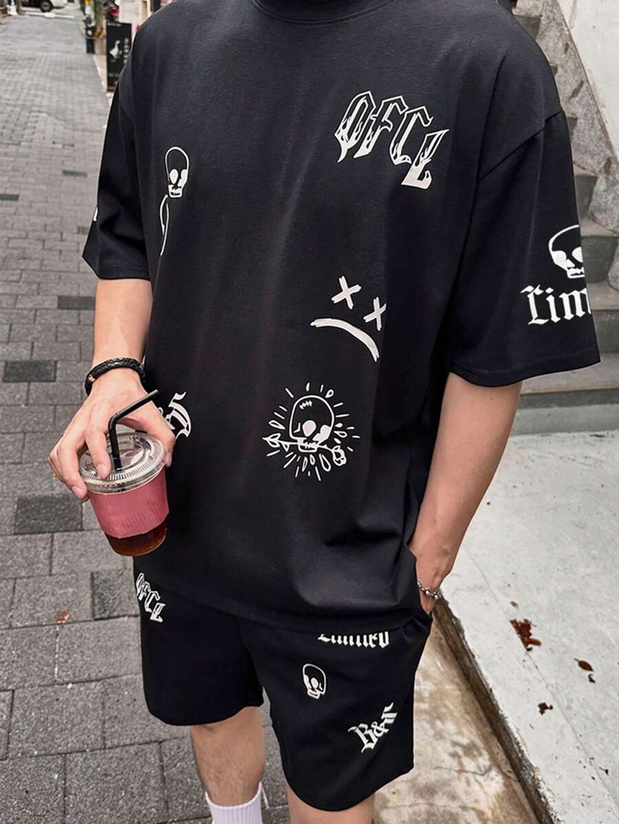 DAZY Maglietta nera da uomo con grafica astratta e scheletro estiva