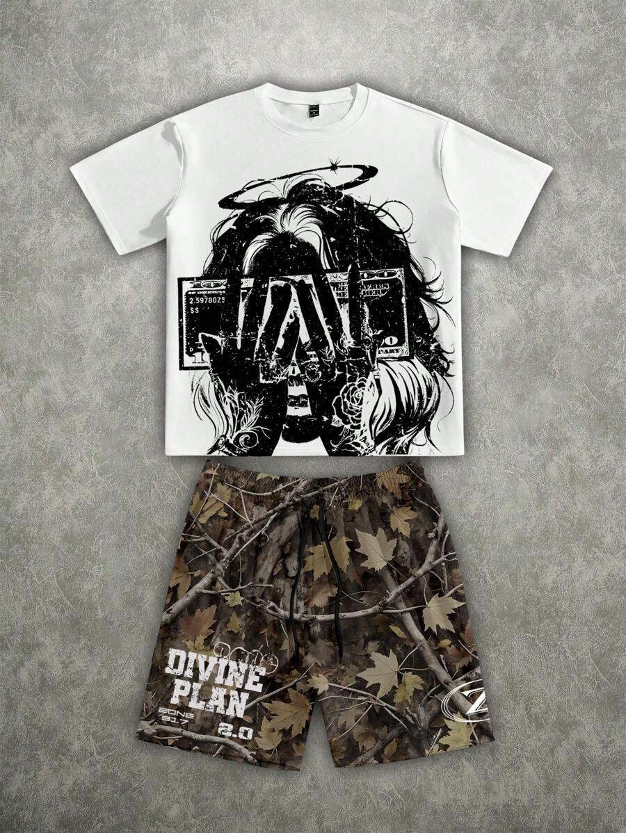 Manfinity ZONE917 Men's Graphic Print Round Neck Short Sleeve T-Shirt And Drawstring Waist Shorts Set