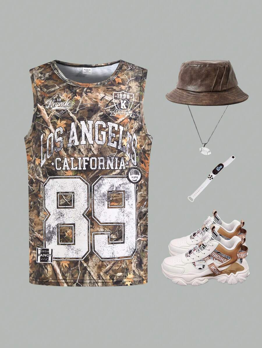 SHEIN Canottiera casual per ragazzo in età preadolescenziale, stile scolastico, comoda e versatile, realizzata in tessuto morbido con stampa di foglie e numeri, adatta per primavera, estate, uso quotidiano, attività all'aperto, sport, scuola, strada, feste e tempo libero