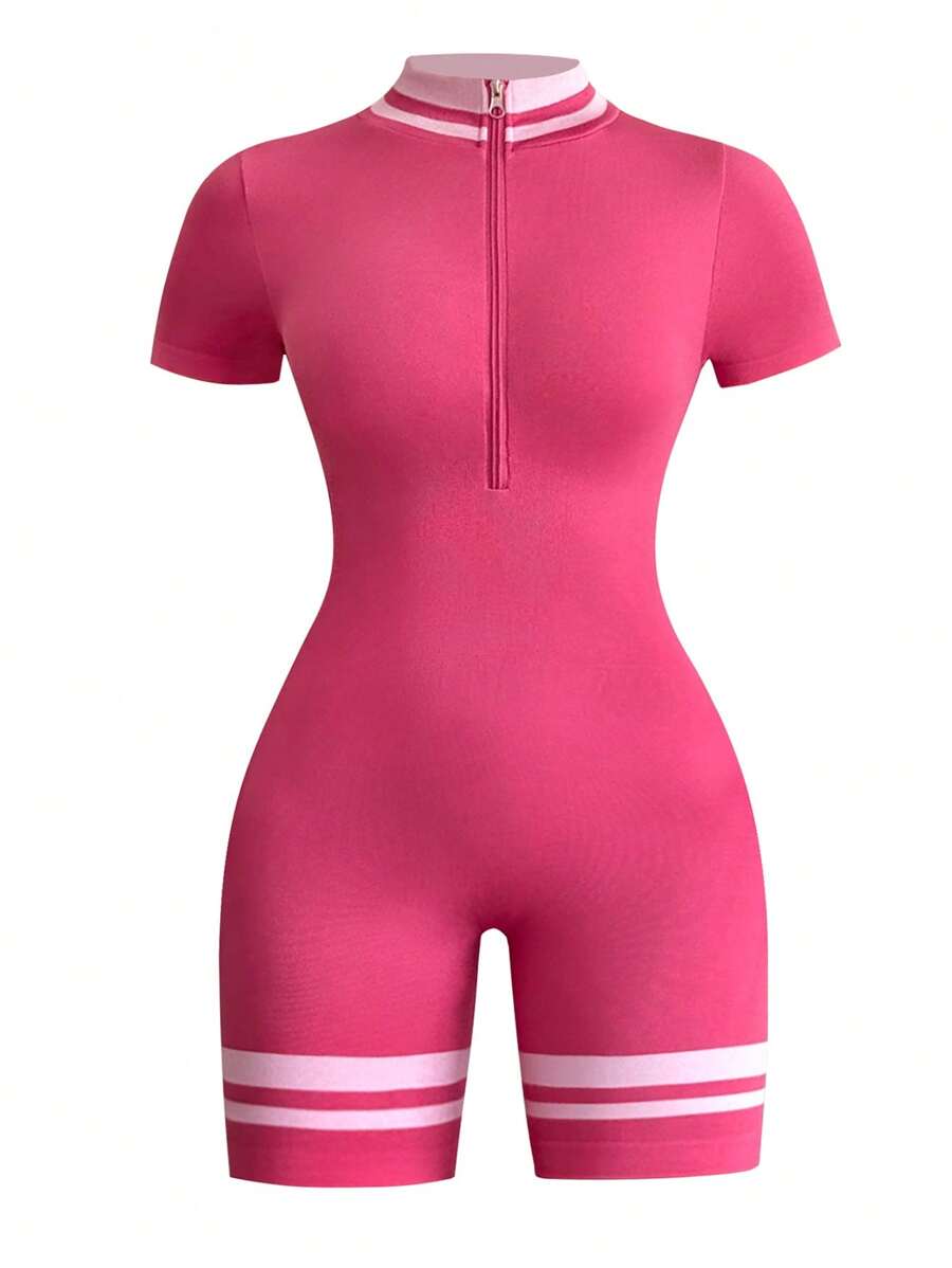SHEIN Sport Studio Contrast Striped Short Sleeve Fitted Sports Jumpsuit