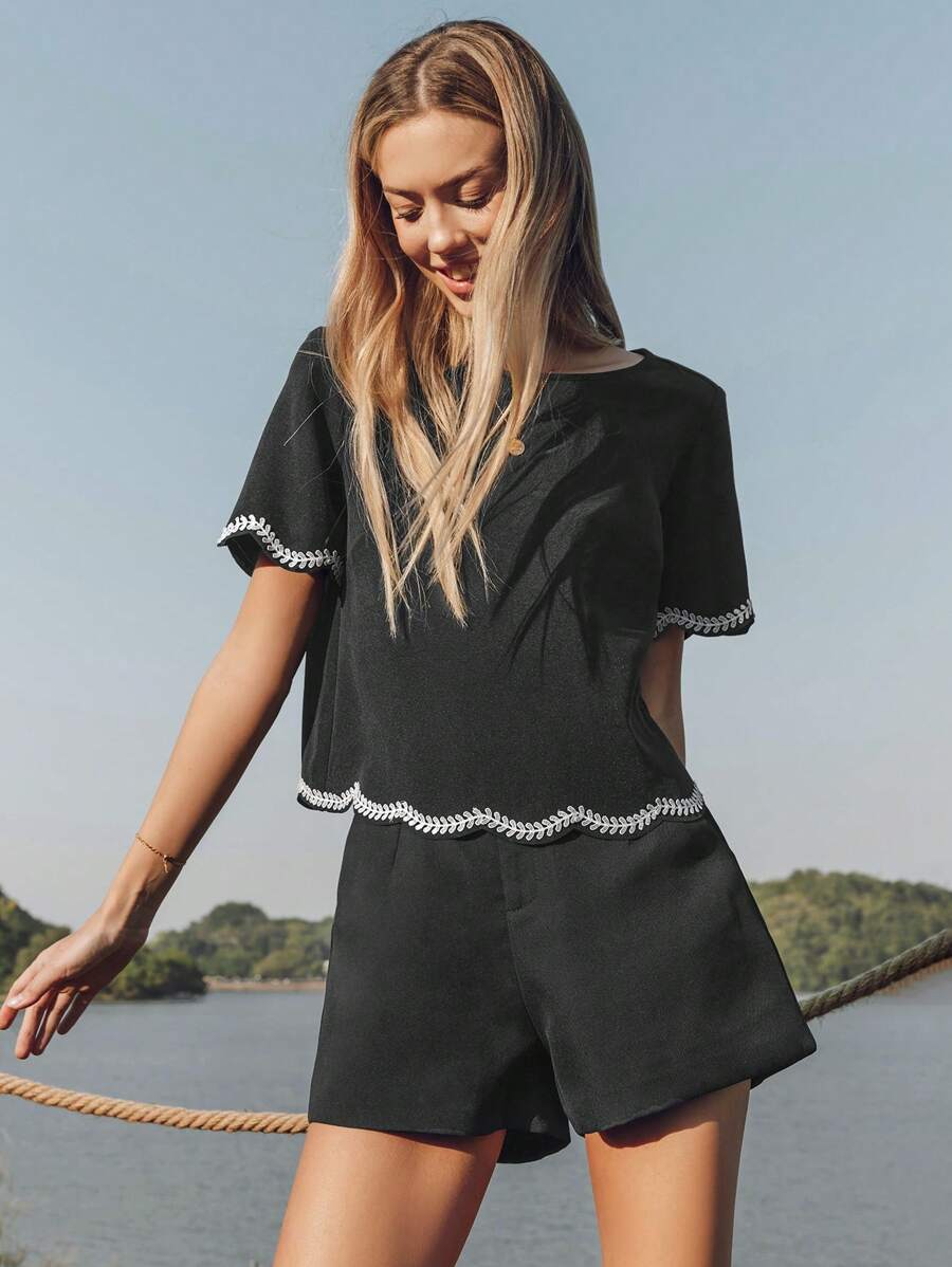SHEIN LUNE Nueva camisa de primavera negra elegante, minimalista, informal, de oficina, para trabajo o de maestra, camisa de moda de manga corta