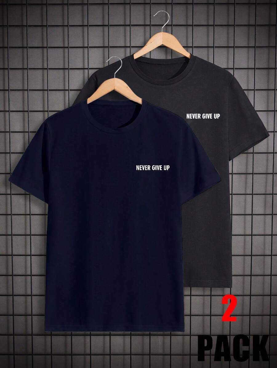 RueChic 2 pièces Hommes T-shirts réguliers en coton avec impression de lettre
