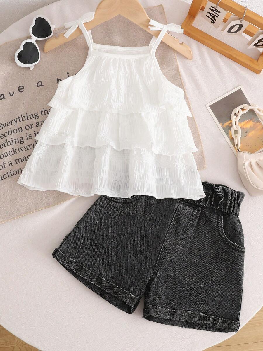 2 stuks/set meisjes casual geplooide bandjes cami & denim shorts set