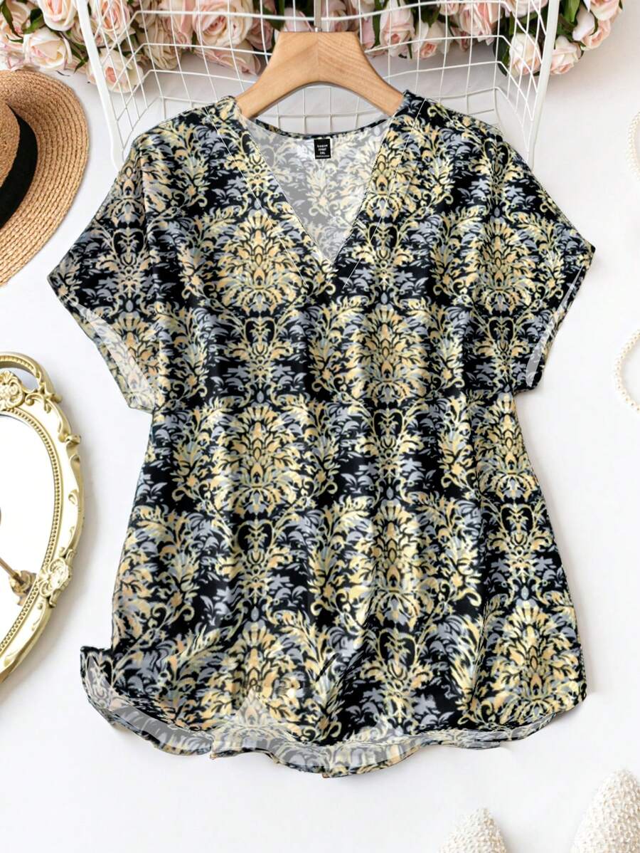 EMERY ROSE Chemise décontractée à col V et manches courtes avec imprimé floral pour grandes tailles