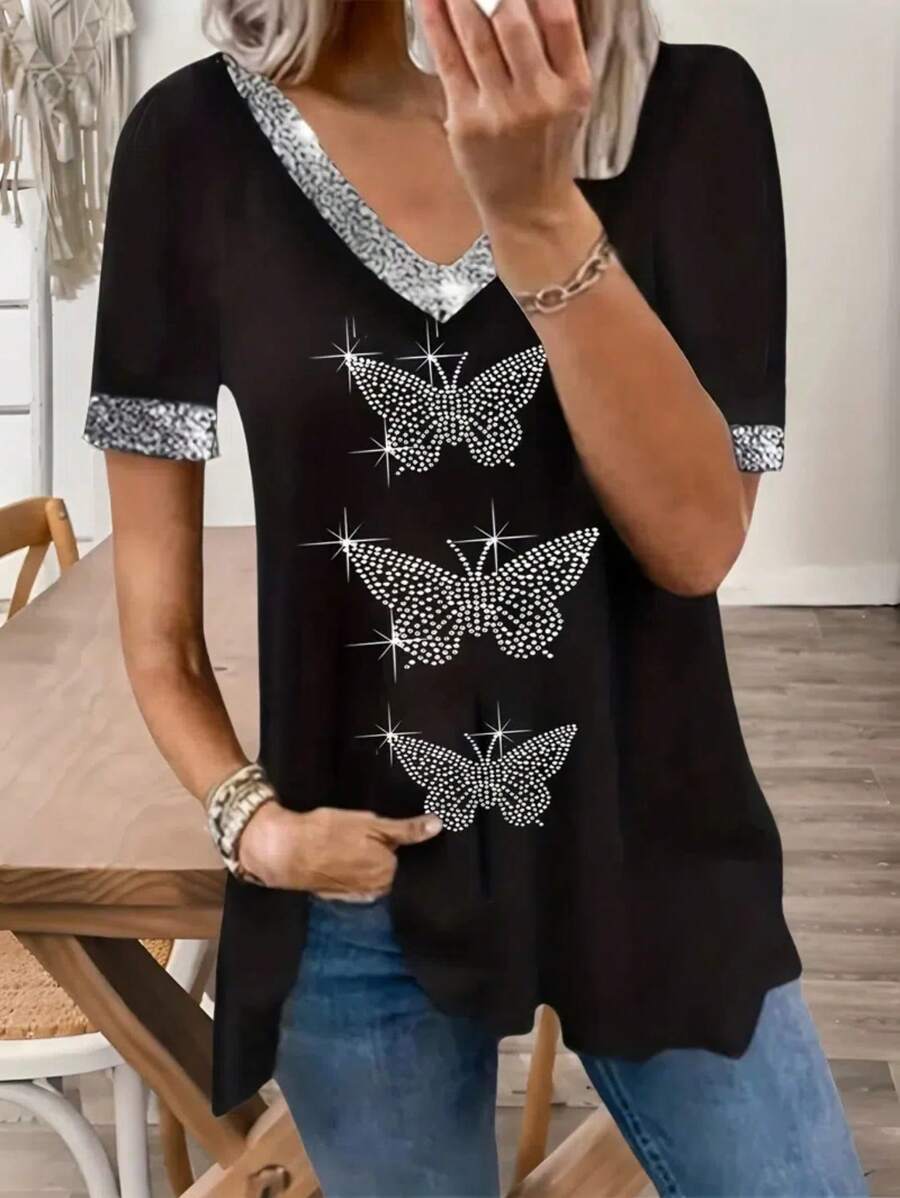 EMERY ROSE Maglietta casual da donna a maniche corte con scollo a V, con paillettes, stampa con farfalle e strass, vestibilità morbida, adatta per primavera/estate
