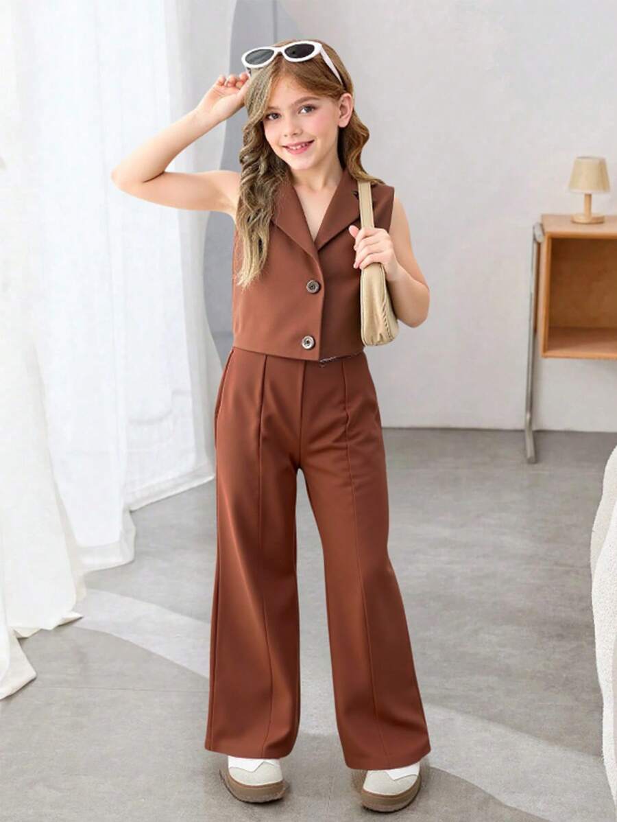 SHEIN Ensemble 2 pièces pour fille pré-adolescente : Veste sans manche avec col châle et pantalon de couleur unie