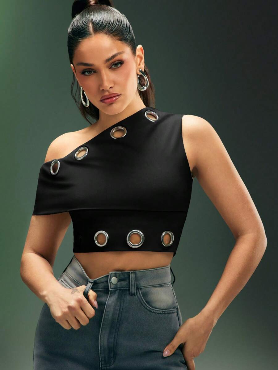 Denimoi Blusa casual con cuello asimétrico y volantes