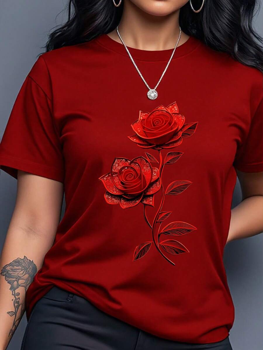 INAWLY Camiseta casual de mujer con cuello redondo y manga corta con estampado floral