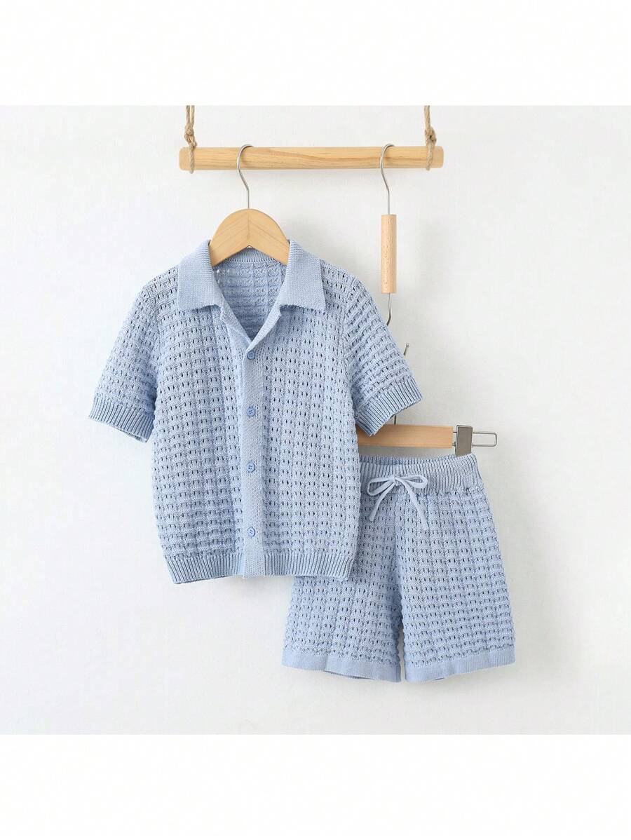 Loomiva Set da 2 pezzi composto da maglione cardigan lavorato a maglia e pantaloncini in stile college casual e comodo per ragazzi, outfit alla moda