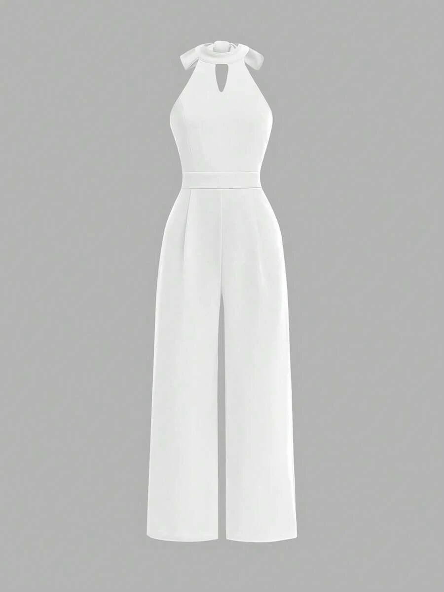 SHEIN Tween-Mädchen Eleganter, minimalistischer Neckholder-Jumpsuit mit rückenfreier Schleife