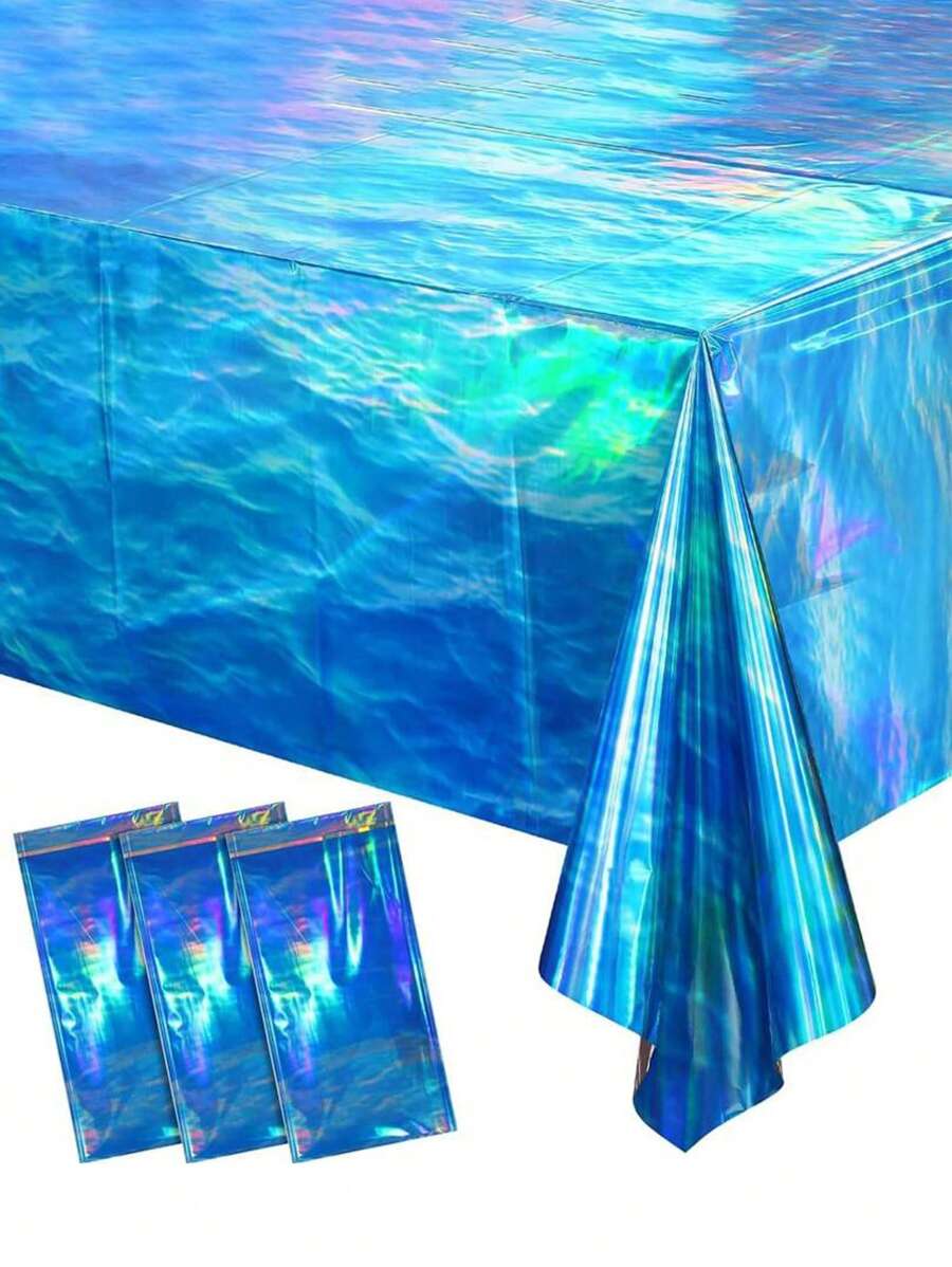 3 Pcs Iridescent Ocean Waves Tablecloths, 54 X 108 Inch Disposable Plastic Ocean Blue Table Cloth Rectangle Table Covers For Under The Sea Beach Surf Ocean Pool Party Birthday Party Decorations, Valentine Day