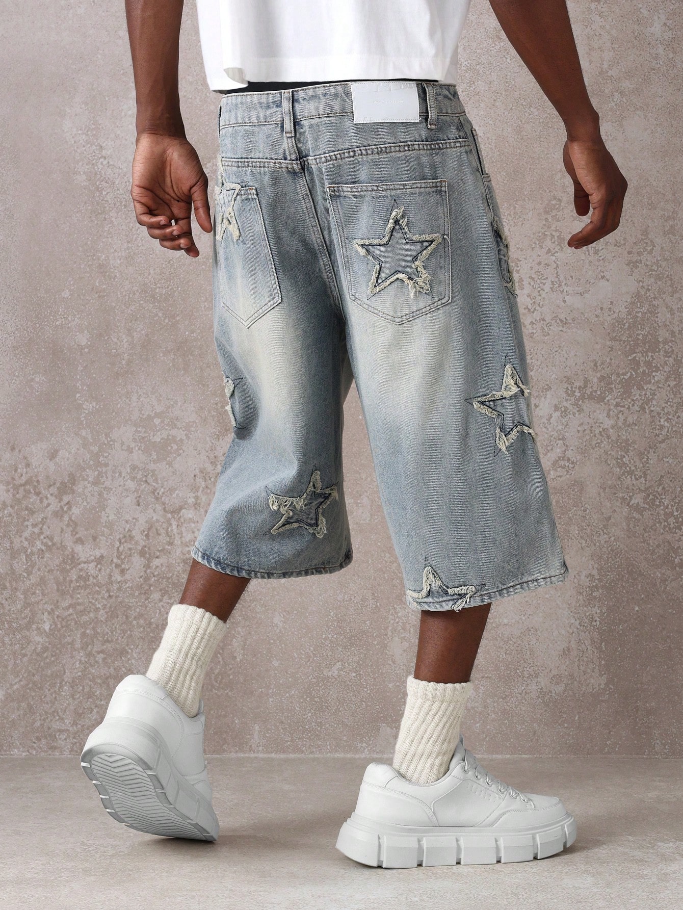 Star Applique Wide Leg Relaxed Fit Men Denim Shorts｜Sumwon