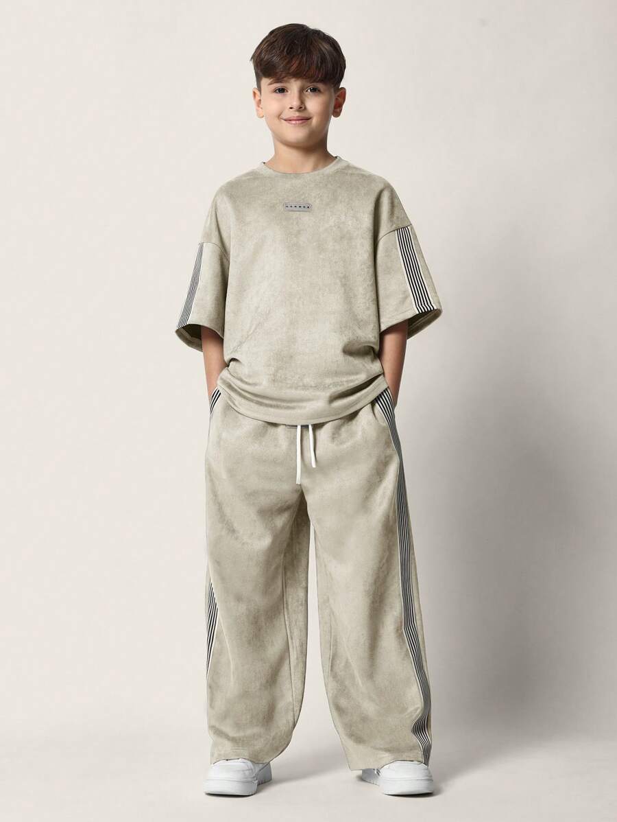 SUMWON Luxury Suedette Boys Matching Set Streetwear Two-Piece Outfit Contemporary Striped Panel Detail Drawstring Waist Winter Fall Spring Loungewear Leisure Outfit