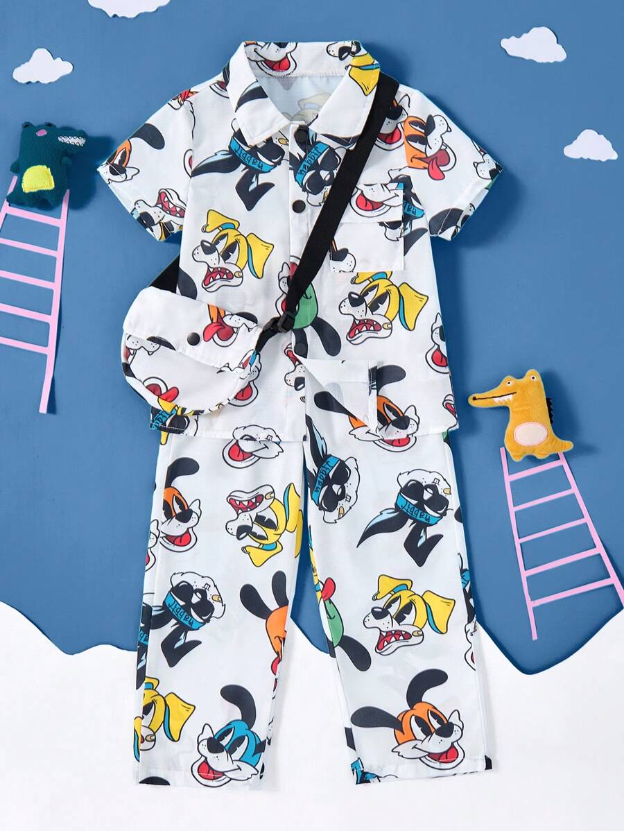 SHEIN 2 pezzi Completo casual per bimbi piccoli con camicia a colletto e pantaloni con stampa colorata di cani, con borsa a tracolla, adatto per attività all'aperto, primavera/estate