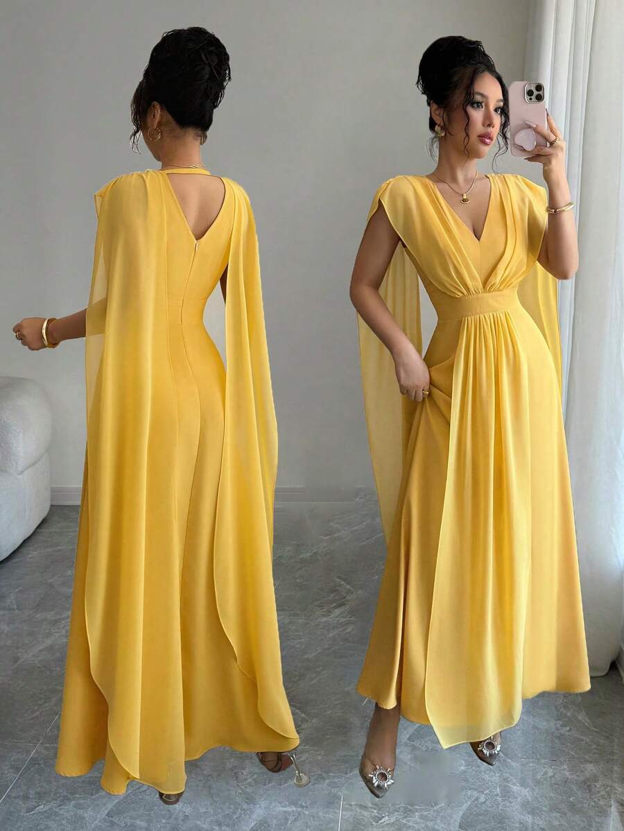 Elenzga Vestido elegante de cuello en V sólido con cintura ceñida, para verano