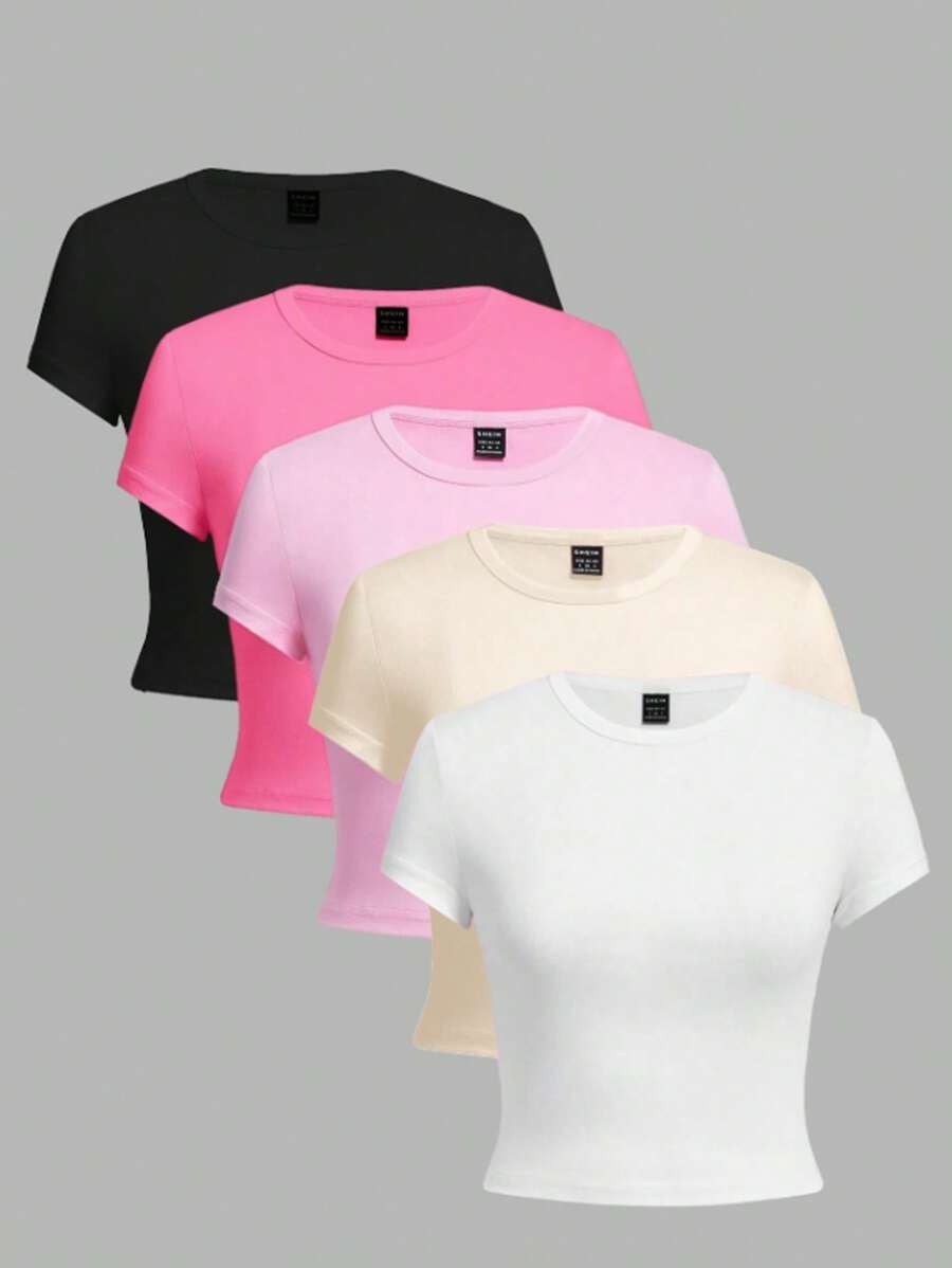 Camiseta corta de manga corta y cuello redondo de unicolor para adolescentes, casual de verano